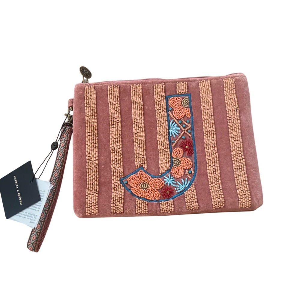 America & Beyond Mauve Velvet Beaded Initial J Floral Wristlet Clutch NWT 8x10"